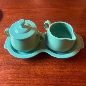 Vintage Fiesta Ware Homer Laughlin Cream & Sugar Set with Tray in Light Green
